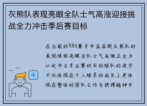 灰熊队表现亮眼全队士气高涨迎接挑战全力冲击季后赛目标