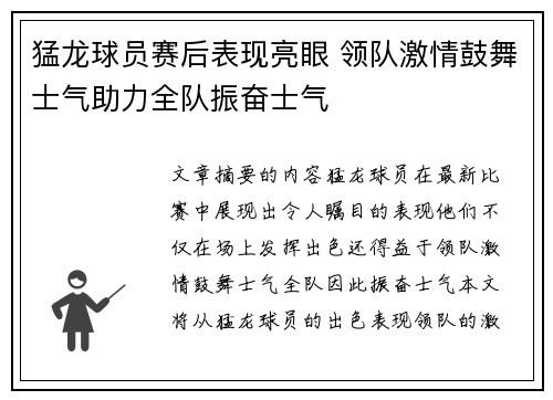 猛龙球员赛后表现亮眼 领队激情鼓舞士气助力全队振奋士气