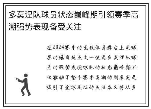 多莫涅队球员状态巅峰期引领赛季高潮强势表现备受关注