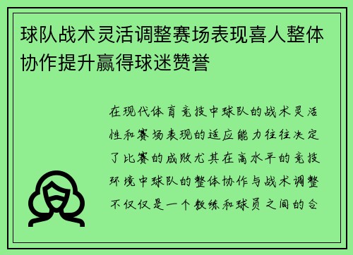 球队战术灵活调整赛场表现喜人整体协作提升赢得球迷赞誉