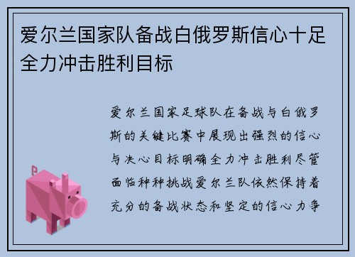 爱尔兰国家队备战白俄罗斯信心十足全力冲击胜利目标