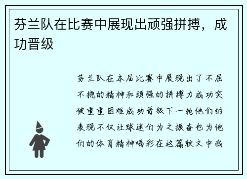 芬兰队在比赛中展现出顽强拼搏，成功晋级