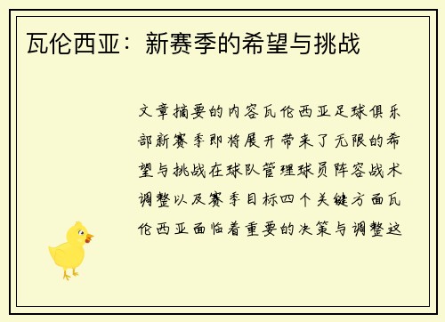 瓦伦西亚：新赛季的希望与挑战