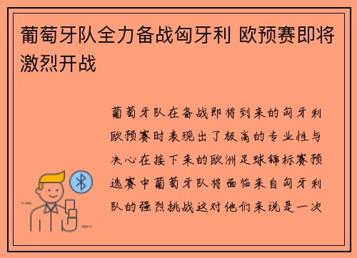 葡萄牙队全力备战匈牙利 欧预赛即将激烈开战