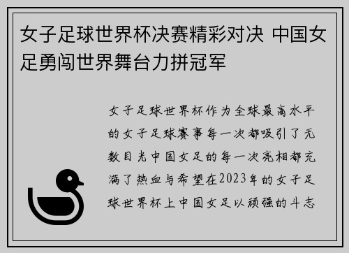 女子足球世界杯决赛精彩对决 中国女足勇闯世界舞台力拼冠军