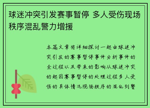 球迷冲突引发赛事暂停 多人受伤现场秩序混乱警力增援