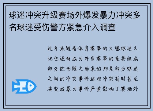 球迷冲突升级赛场外爆发暴力冲突多名球迷受伤警方紧急介入调查
