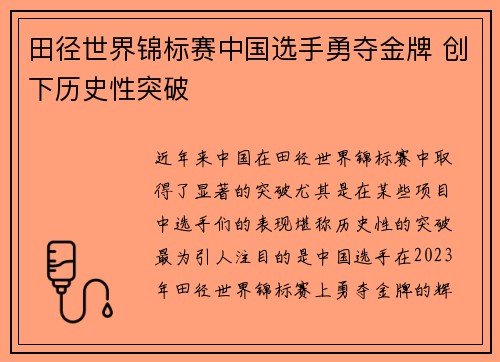 田径世界锦标赛中国选手勇夺金牌 创下历史性突破