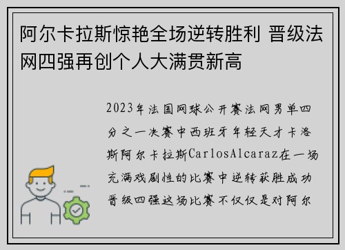 阿尔卡拉斯惊艳全场逆转胜利 晋级法网四强再创个人大满贯新高