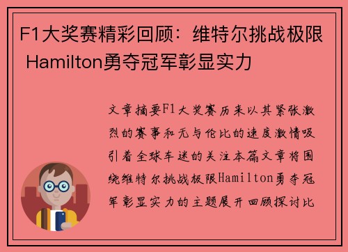 F1大奖赛精彩回顾：维特尔挑战极限 Hamilton勇夺冠军彰显实力
